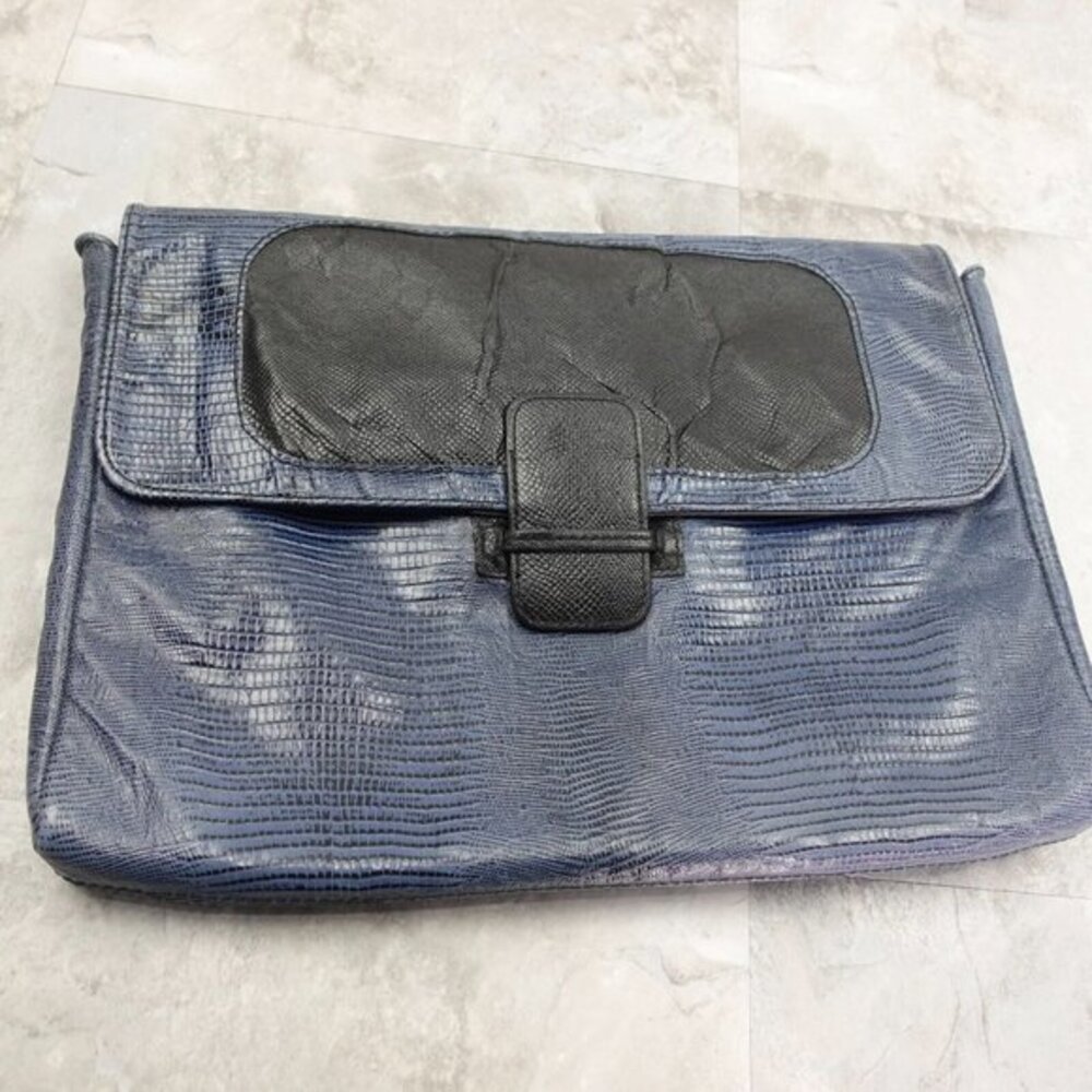 Blue Envelope Clutch Bag Genuine Leather Lizard Document Case PRIORE USA‎